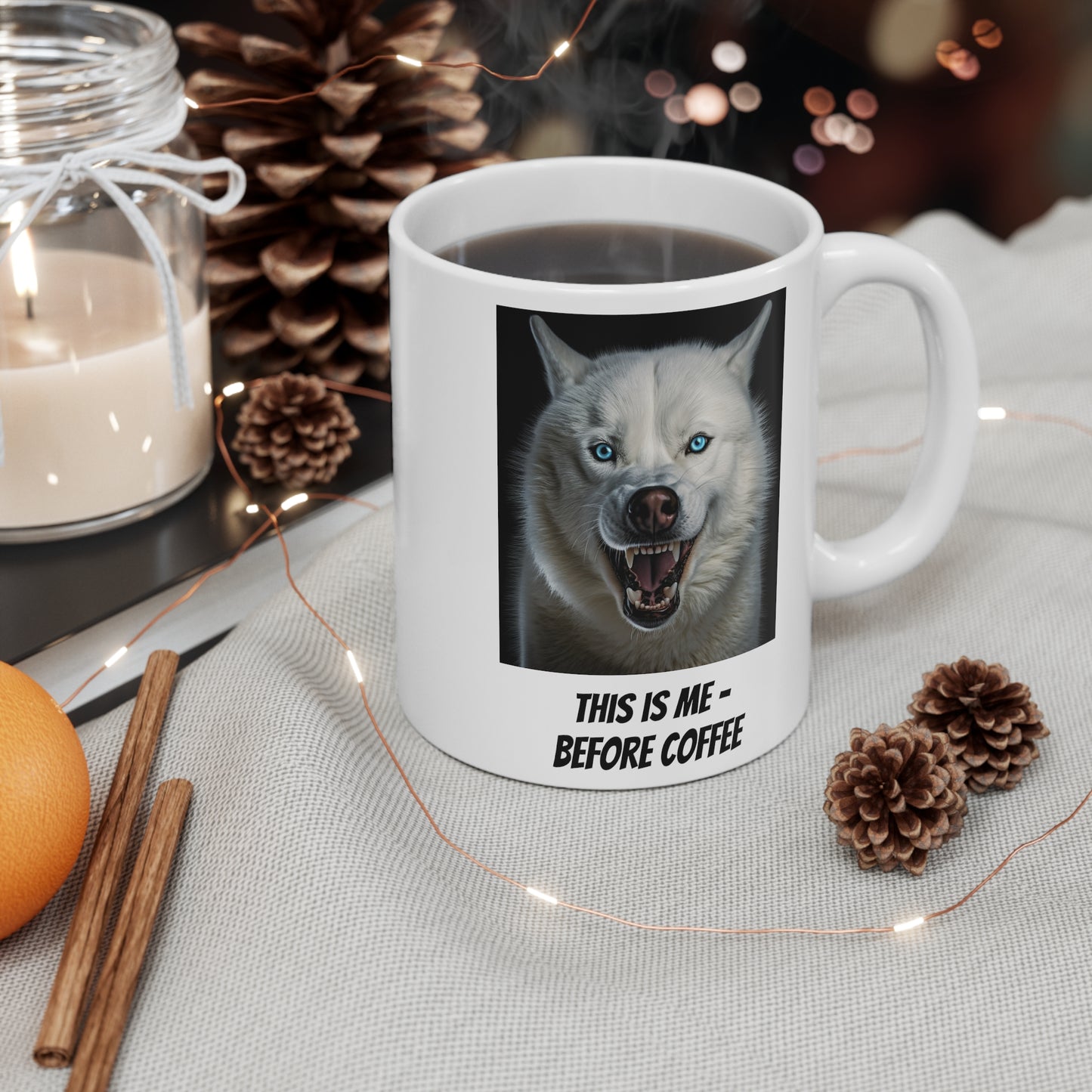 Mug - 11oz White - Kyro "Before and After Coffee" - Different Images on Either Side of the Mug