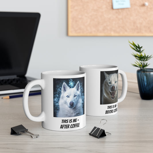Mug - 11oz White - Kyro "Before and After Coffee" - Different Images on Either Side of the Mug